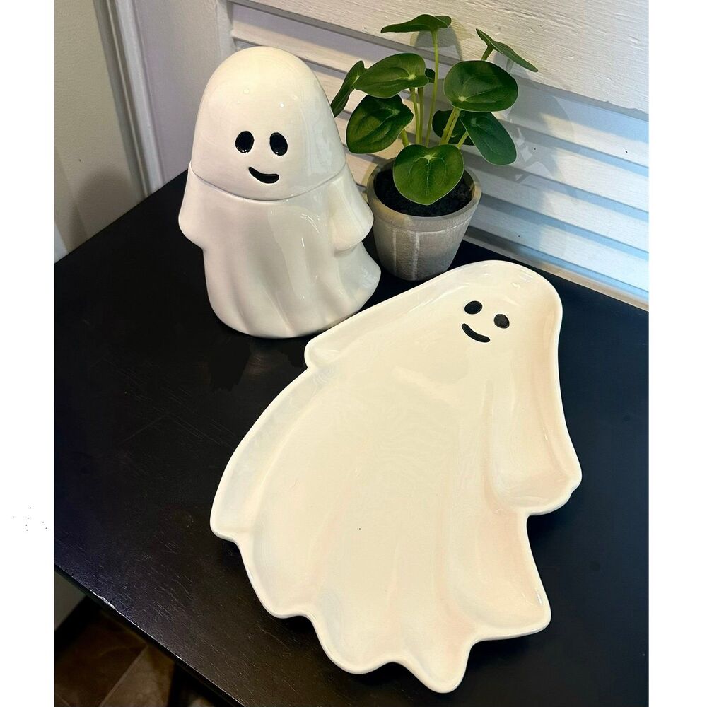 Halloween Kitchen Ceramic Ghost Treat Platter Tray & Treat Jar Set